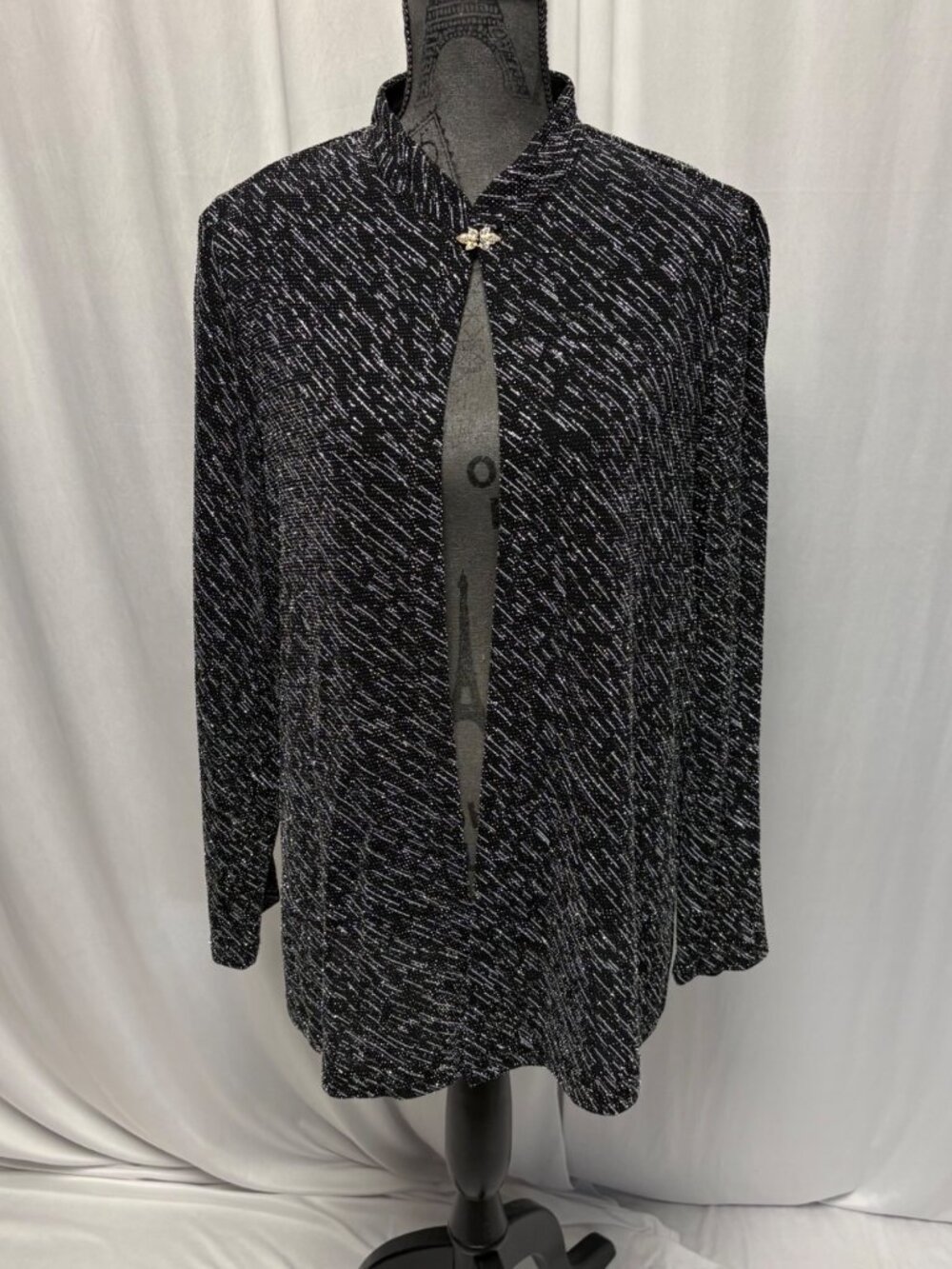 Dressbarn Collection Jacket Womens 16 Black Metallic Shimmer Open Front USA Made